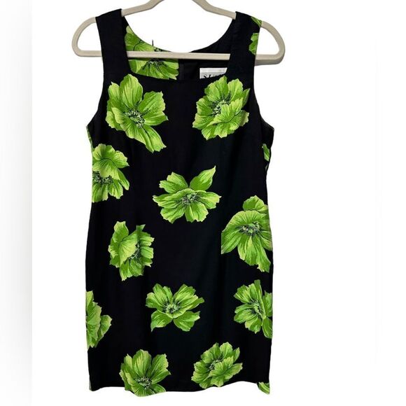 Vintage S.L. Fashions Floral Short Black Sleeveless Mini Dress Green Flowers - Picture 1 of 10